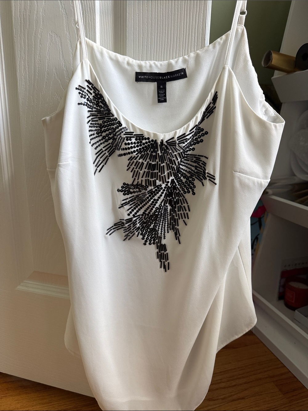 White House Black Market Ivory Cami with Black Beaded Front Detail